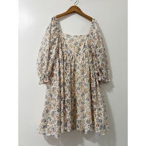STORIA Tulip Meadows Mini Dress Floral Print Square Neck Puff Sleeve Medium